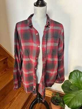 Casual Red & Gray Plaid Button-Down Shirt